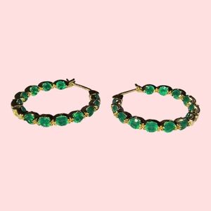 Green Gemstone And Gold Over Sterling Silver Inside Out Round Hoop Earrings